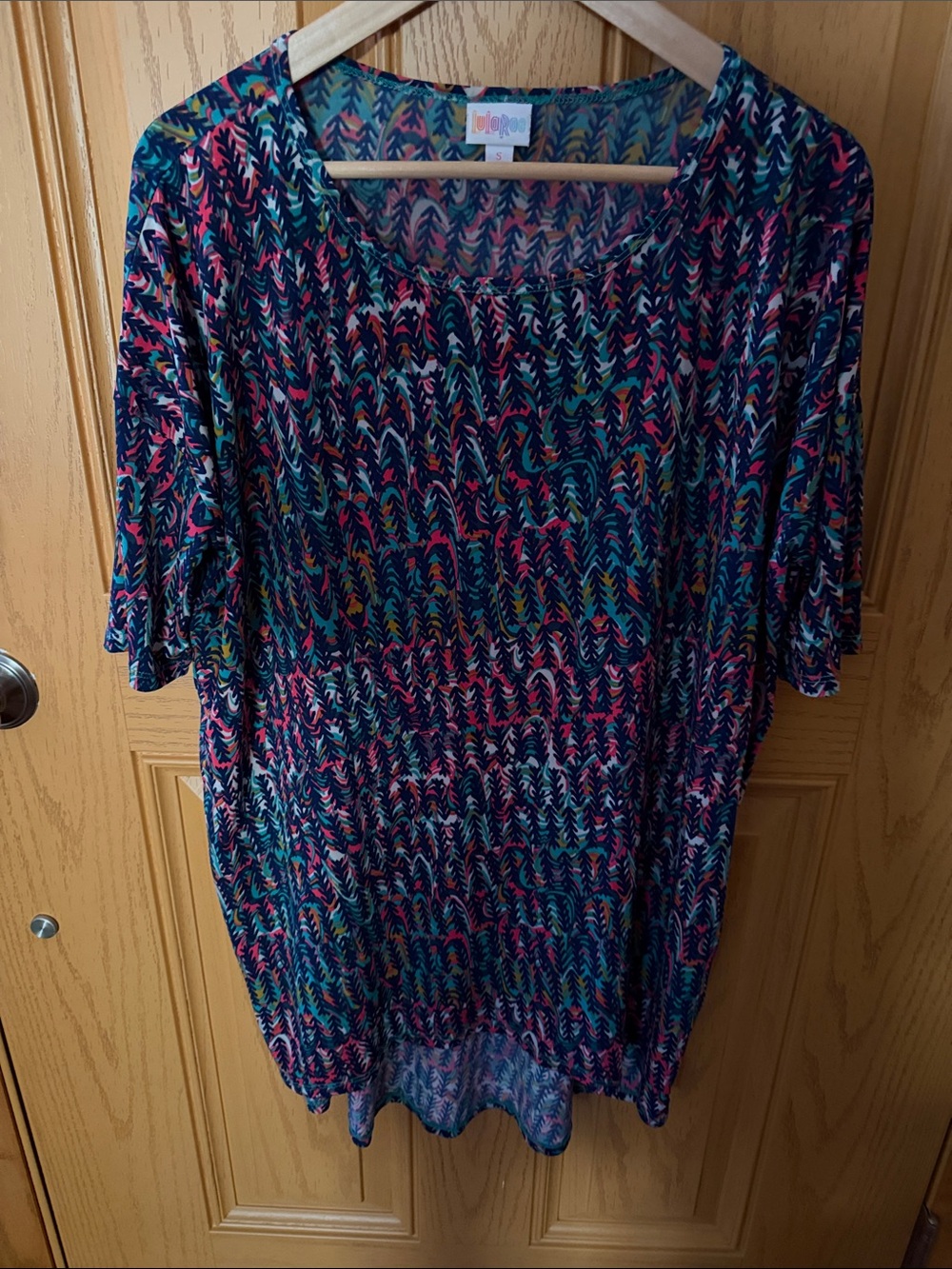 LuLaRoe Multicolored Scoop-Neck Shirt in Blue, Pink, Green & Purple